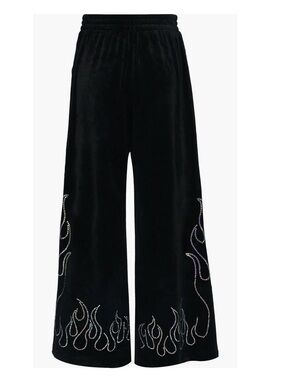Black Velvet Crystal Flame Wide-Leg Pants